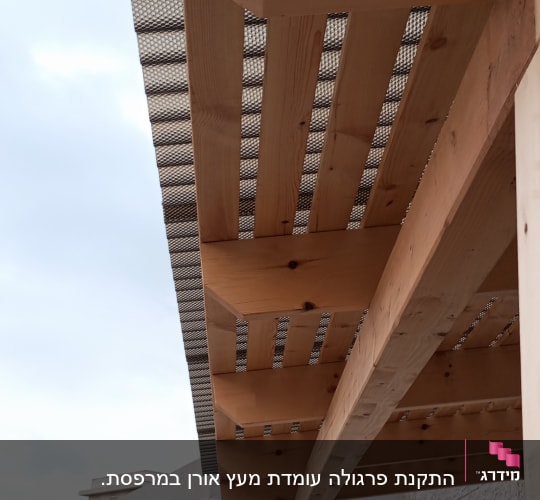 פרגולה מעץ עם גג רשת מתכת